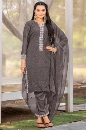 Georgette Eid Salwar Kameez with Embroidered in Grey SK155935