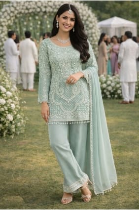 Mint green Embroidered Patiala Suit in Georgette PZ4375