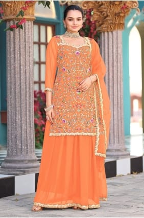 Eid Lehenga Suit in Orange Georgette with Embroidered LS080