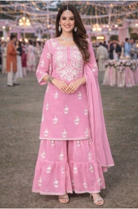 Embroidered Sharara Suit in Pink Georgette SS1351