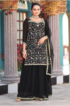 Embroidered Georgette Eid Lehenga Suit in Black with Dupatta LS070