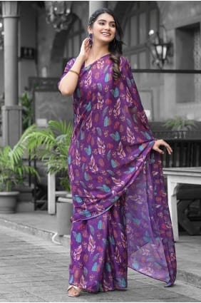 Purple Printed Gown Dress in Georgette GW1270