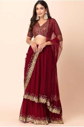 Georgette Party Lehenga Choli in Red with Embroidered LC8334