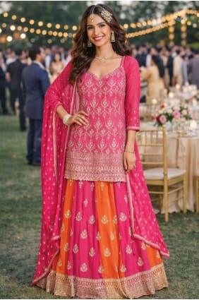 Georgette Lehenga Suit in Pink with Embroidered LS086