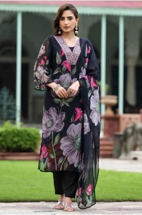 Georgette Printed Black Straight Pant Suit with Dupatta SK155393