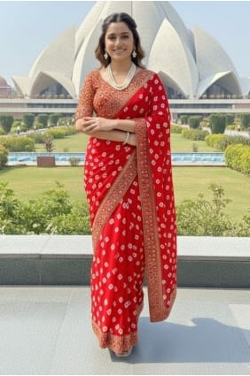 Red Saree in Printed Georgette SR29369
