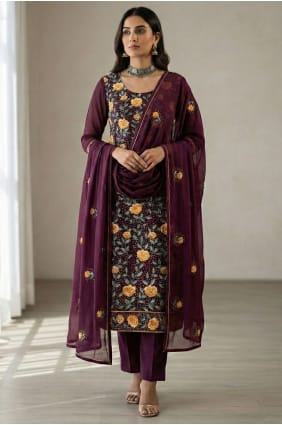 Thread Georgette Salwar Kameez in Wine with Dupatta SK15647