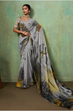 Printed Georgette Saree in Grey with Blouse SR29965