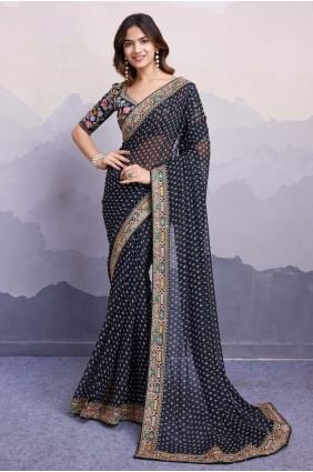Designer Embroidered Saree in Black Georgette SR28683