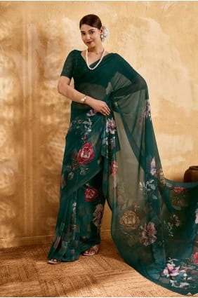 Printed Georgette Saree in Bottle green with Blouse SR29962