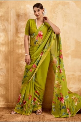 Parrot green Printed Saree in Georgette SR29961
