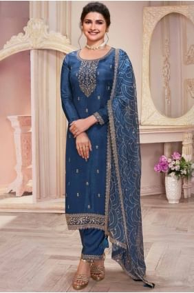 Georgette Straight Pant Suit in Blue with Embroidered SK155115