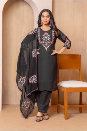 Georgette Straight Pant Suit with Printed in Black SK155395