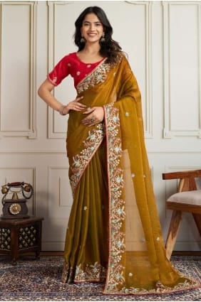 Golden Embroidered Chiffon Saree SR28931