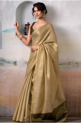 Golden Tussar silk Saree with Embroidered SR29029