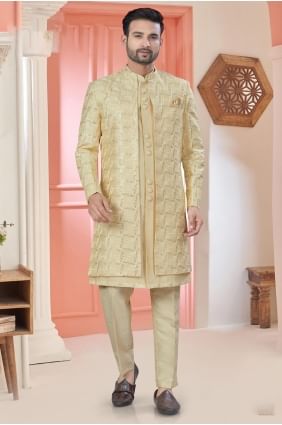 Golden Embroidered Men Kurta in Art silk KURR433
