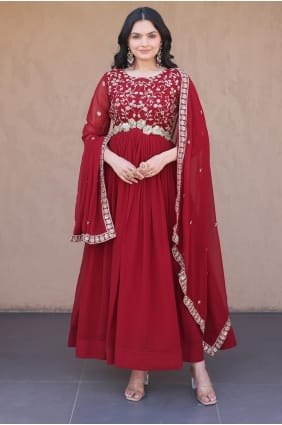 Faux georgette Gown Dress in Maroon with Embroidered GW1288