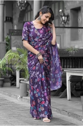 Printed Georgette Purple Gown Dress with Dupatta GW1269