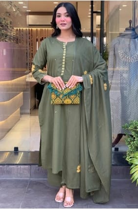 Salwar Kameez in Green Chanderi silk with Embroidered SK155847