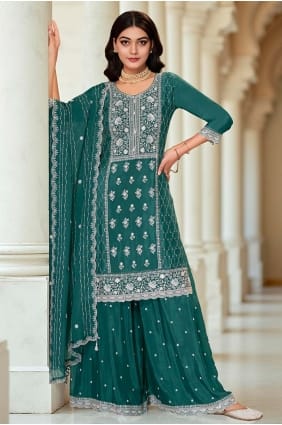 Chiffon Sharara Suit in Green with Embroidered SS1266
