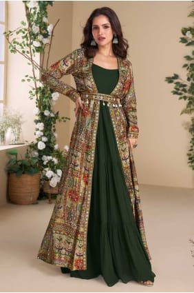 Green Georgette Embroidered Gown Dress with Dupatta GW1193