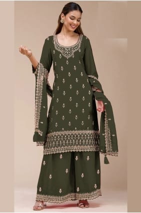 Georgette Palazzo Suit with Embroidered in Green PZ4407