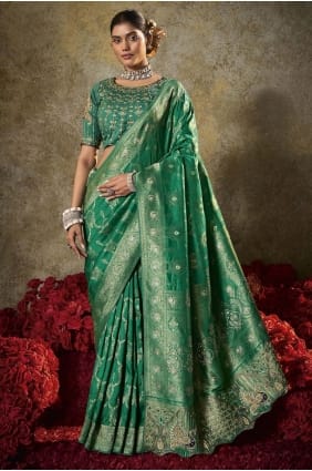 Embroidered Silk Saree in Green SR29501
