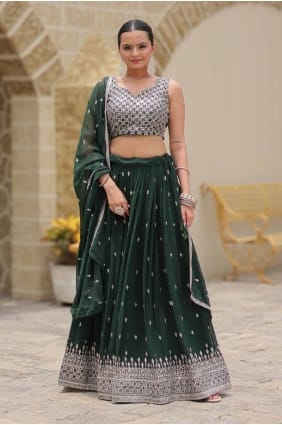 Green Faux georgette Embroidered Party Lehenga Choli with Dupatta LC8282
