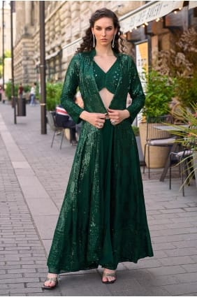 Georgette Indo Western Kurti in Green with Embroidered SK15810