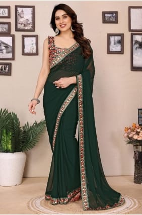 Printed Saree in Green Georgette SR29360