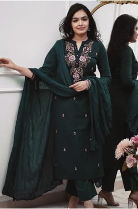 Silk Eid Salwar Kameez with Embroidered in Green SK156001