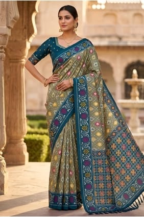 Embroidered Patola silk Saree in Green SR30116