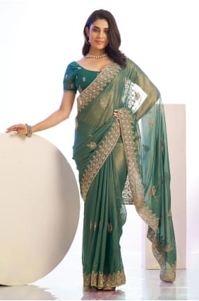 Tissue Saree in Green with Embroidered SR29760