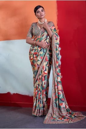 Printed Crepe Saree in Green SR30041