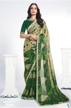Green Embroidered Saree in Satin SR28952