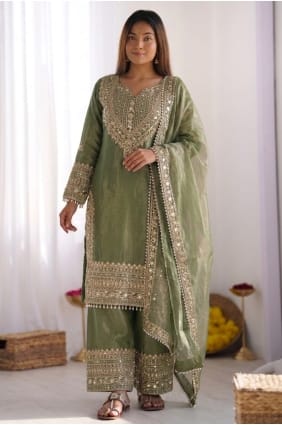 Green Palazzo Suit in Lace Silk PZ4485