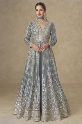 Grey Anarkali Suit with Embroidered Chinon chiffon AS4292