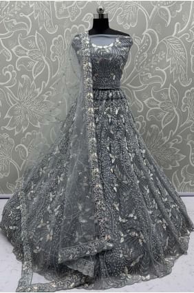 Grey Net Sequins Embroidered Lehenga Choli with Dupatta LC8656