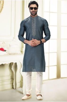 Grey Jacquard Embroidered Men Kurta with Dupatta KURR616