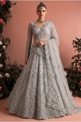 Grey Lehenga Choli in Embroidered Net LC9048