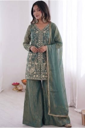 Embroidered Palazzo Suit in Grey Satin PZ4514
