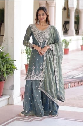Grey Sequins Palazzo Suit in Silk PZ4239