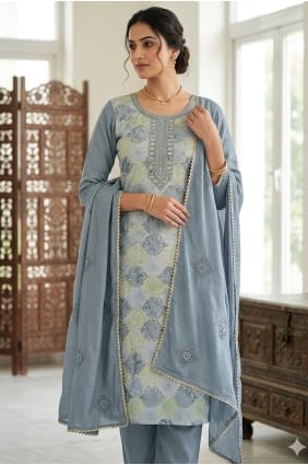 Printed Muslin Salwar Kameez in Grey with Dupatta SK159114