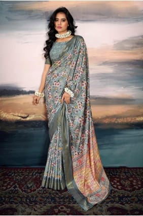 Grey Printed Saree in Cotton SR28213