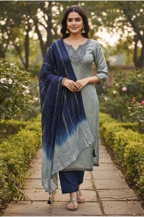 Embroidered Salwar Kameez in Grey Silk SK15821