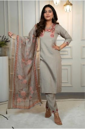 Grey Silk Salwar Kameez with Weaving SK155749