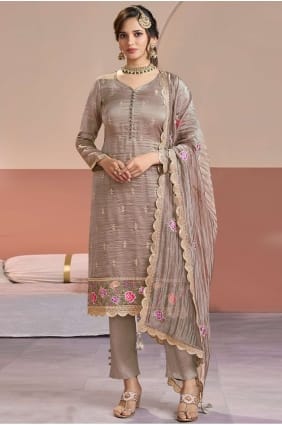 Silk Salwar Kameez with Embroidered in Grey SK15888