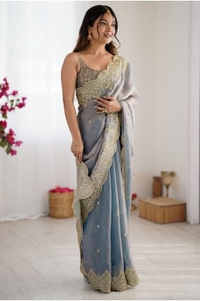 Embroidered Chiffon Saree in Grey with Blouse SR29432