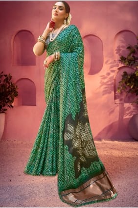 Silk Hand,printed Green Saree with Blouse SR29063