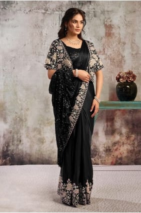 Black Saree in Satin with Hand SR29803